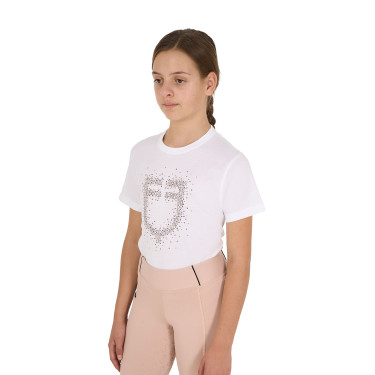 T-shirt menina Equestro corte slim com logótipo rosa com brilhantes, mangas curtas Branco
