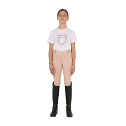 T-shirt menina Equestro corte slim com logótipo rosa com brilhantes, mangas curtas Branco