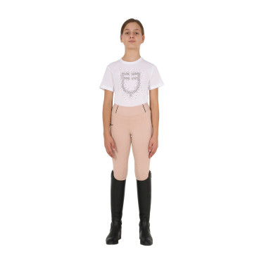 T-shirt menina Equestro corte slim com logótipo rosa com brilhantes, mangas curtas Branco