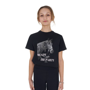 T-shirt para menina Equestro Ready To The Party em algodão com strass e mangas curtas Preto