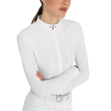 Polo de concurso feminino em estilo camisa Branco