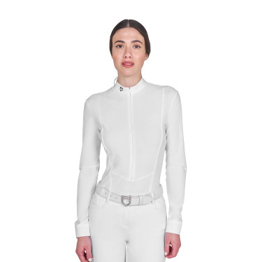 Polo de concurso feminina de manga comprida com fecho de correr Branco