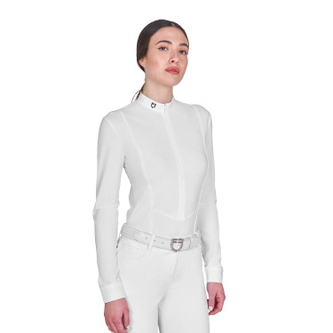 Polo de concurso feminina de manga comprida com fecho de correr Branco