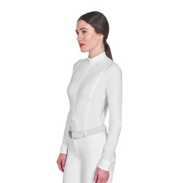 Polo de concurso feminina de manga comprida com fecho de correr Branco