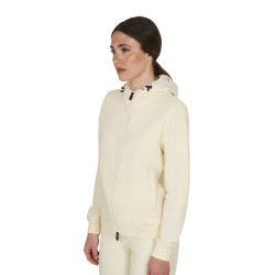 Moletom feminino com capuz ajustável e zíper Branco antigo Bege