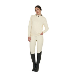 Moletom feminino com capuz ajustável e zíper Branco antigo Bege