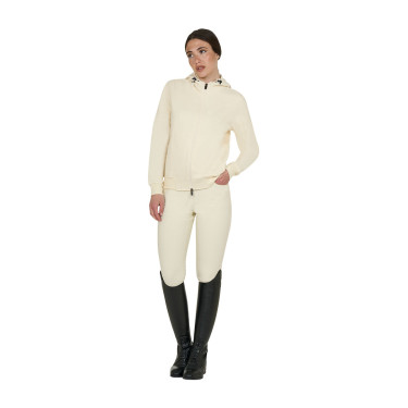 Moletom feminino com capuz ajustável e zíper Branco antigo Bege
