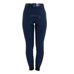 Calças femininas full grip de cintura alta com logótipo em strass