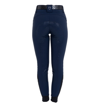 Calças femininas full grip de cintura alta com logótipo em strass