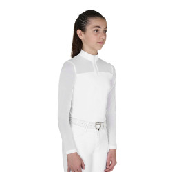 Polo de concurso para menina de manga comprida com inserções em micro malha Branco