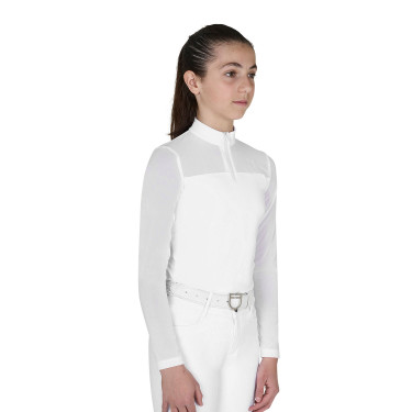 Polo de concurso para menina de manga comprida com inserções em micro malha Branco