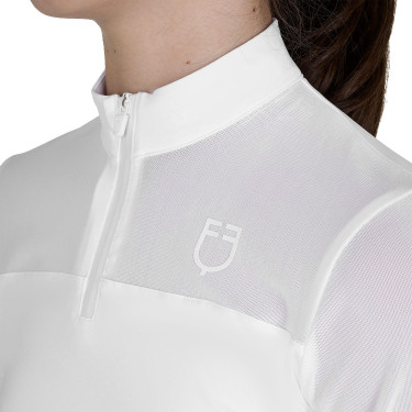 Polo de concurso para menina de manga comprida com inserções em micro malha Branco