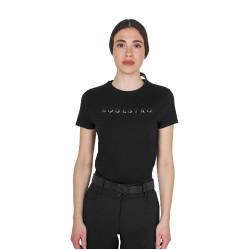 T-shirt mulher em algodão com logotipo laminado Preto