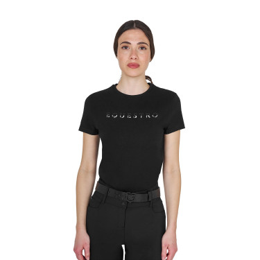 T-shirt mulher em algodão com logotipo laminado Preto
