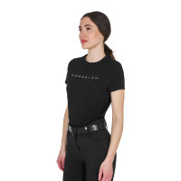 T-shirt mulher em algodão com logotipo laminado Preto