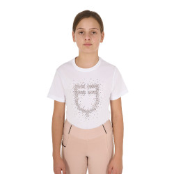 T-shirt menina Equestro corte slim com logótipo rosa com brilhantes, mangas curtas Branco T-shirt menina Equestro corte slim com logótipo rosa com brilhantes, mangas curtas Branco