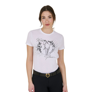 T-shirt feminino Equestro Wild Flower em algodão de manga curta Branco T-shirt feminino Equestro Wild Flower em algodão de manga curta Branco