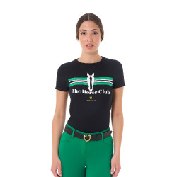 T-shirt feminino Equestro Stripe Horse Club em algodão de manga curta Preto