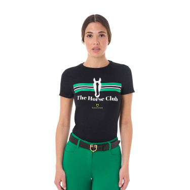 T-shirt feminino Equestro Stripe Horse Club em algodão de manga curta Preto