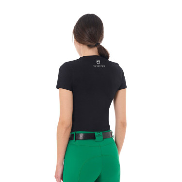 T-shirt feminino Equestro Stripe Horse Club em algodão de manga curta Preto