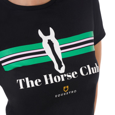 T-shirt feminino Equestro Stripe Horse Club em algodão de manga curta Preto