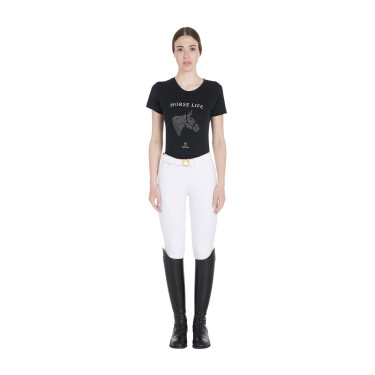 T-shirt feminino Equestro corte slim Horse Life com strass de mangas curtas Preto