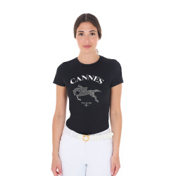 T-shirt feminino Equestro Cannes de algodão com strass de mangas curtas Preto T-shirt feminino Equestro Cannes de algodão com strass de mangas curtas Preto