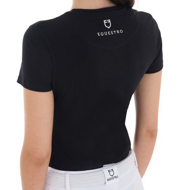 T-shirt feminino Equestro Cannes de algodão com strass de mangas curtas Preto T-shirt feminino Equestro Cannes de algodão com strass de mangas curtas Preto