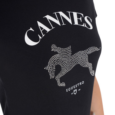 T-shirt feminino Equestro Cannes de algodão com strass de mangas curtas Preto T-shirt feminino Equestro Cannes de algodão com strass de mangas curtas Preto