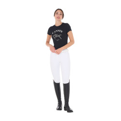T-shirt feminino Equestro Cannes de algodão com strass de mangas curtas Preto T-shirt feminino Equestro Cannes de algodão com strass de mangas curtas Preto