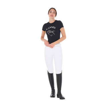 T-shirt feminino Equestro Cannes de algodão com strass de mangas curtas Preto T-shirt feminino Equestro Cannes de algodão com strass de mangas curtas Preto