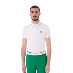 Polo masculino Equestro de treino com detalhes contrastantes mangas curtas Branco / verde ultramarino Polo masculino Equestro de treino com detalhes contrastantes mangas curtas Branco / verde ultramarino
