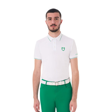 Polo masculino Equestro de treino com detalhes contrastantes mangas curtas Branco / verde ultramarino Polo masculino Equestro de treino com detalhes contrastantes mangas curtas Branco / verde ultramarino