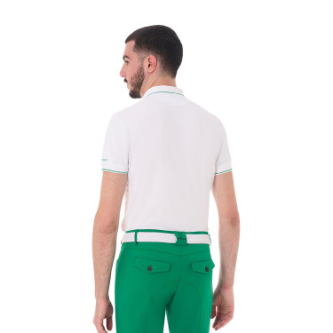 Polo masculino Equestro de treino com detalhes contrastantes mangas curtas Branco / verde ultramarino Polo masculino Equestro de treino com detalhes contrastantes mangas curtas Branco / verde ultramarino