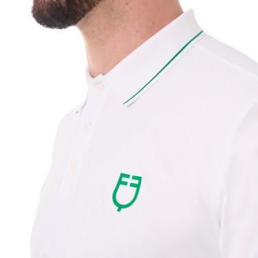 Polo masculino Equestro de treino com detalhes contrastantes mangas curtas Branco / verde ultramarino Polo masculino Equestro de treino com detalhes contrastantes mangas curtas Branco / verde ultramarino