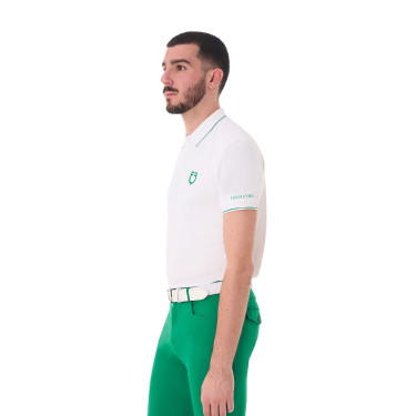 Polo masculino Equestro de treino com detalhes contrastantes mangas curtas Branco / verde ultramarino Polo masculino Equestro de treino com detalhes contrastantes mangas curtas Branco / verde ultramarino