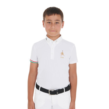 Polo de competição para rapaz de quatro botões Equestro x FISE de mangas curtas Branco Polo de competição para rapaz de quatro botões Equestro x FISE de mangas curtas Branco