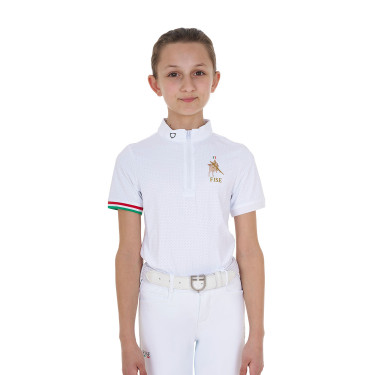 Polo de competição para menina com zíper Equestro x FISE de mangas curtas Branco