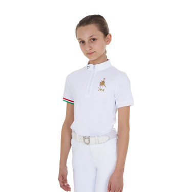 Polo de competição para menina com zíper Equestro x FISE de mangas curtas Branco