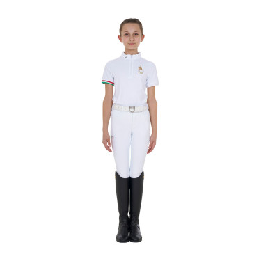 Polo de competição para menina com zíper Equestro x FISE de mangas curtas Branco