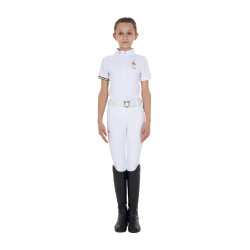 Polo de competição para menina com zíper Equestro x FISE de mangas curtas Branco