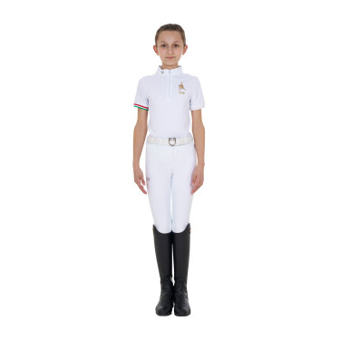 Polo de competição para menina com zíper Equestro x FISE de mangas curtas Branco