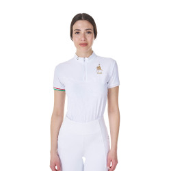 Pólo de concurso feminino elástico Equestro x FISE de manga curta Branco