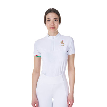 Pólo de concurso feminino elástico Equestro x FISE de manga curta Branco