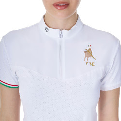 Pólo de concurso feminino elástico Equestro x FISE de manga curta Branco