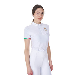 Pólo de concurso feminino elástico Equestro x FISE de manga curta Branco