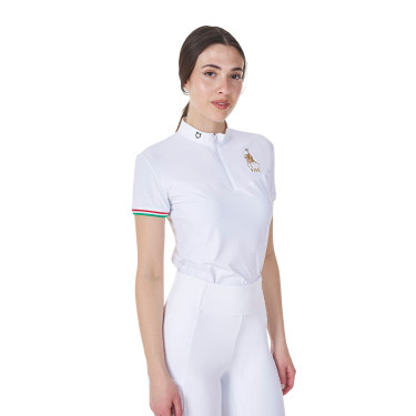 Pólo de concurso feminino elástico Equestro x FISE de manga curta Branco