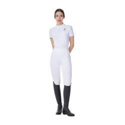 Pólo de concurso feminino elástico Equestro x FISE de manga curta Branco