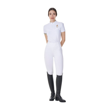 Pólo de concurso feminino elástico Equestro x FISE de manga curta Branco