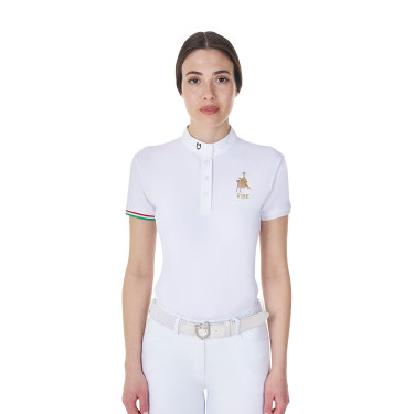 Polo de competição Equestro x FISE feminino, corte slim, mangas curtas Branco